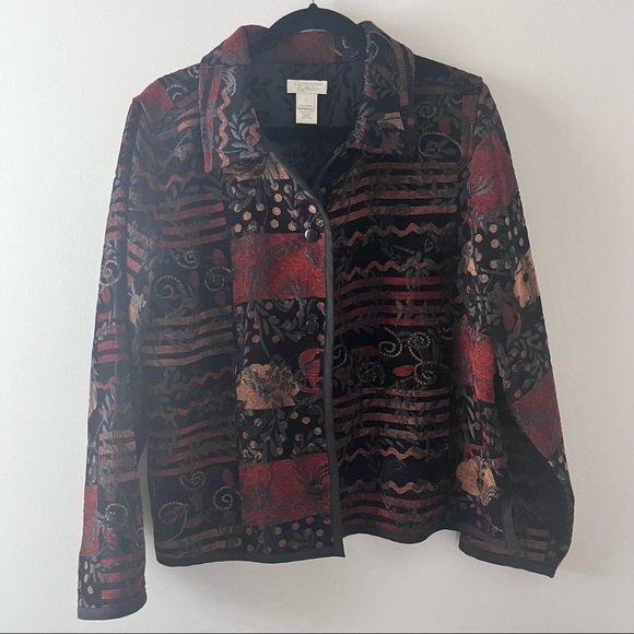 CHRISTOPHER & BANKS Jacket Tapestry Tweed Patchwork Brocade Boho Reversible Sz L - Picture 1 of 8